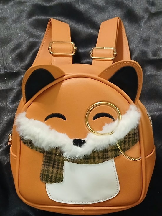 Fox Mini Backpack Orange Vegan Leather Kawaii Cute Animal Bag Scarf Chain Detail - Picture 3 of 8